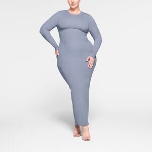 NEW SKIMS Fits Everybody Crew Neck Long Sleeve Dress in Slate Blue Size XS